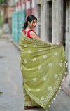 Olive Green Mulmul Cotton Ready Saree with Printed Wear
