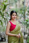 Olive Green Mulmul Cotton Ready Saree with Printed Wear