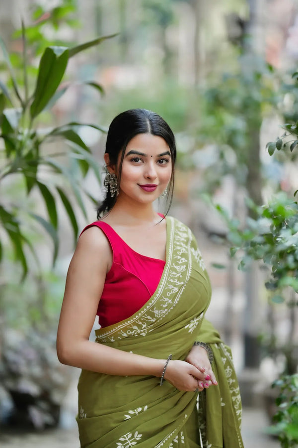 Olive Green Mulmul Cotton Ready Saree with Printed Wear