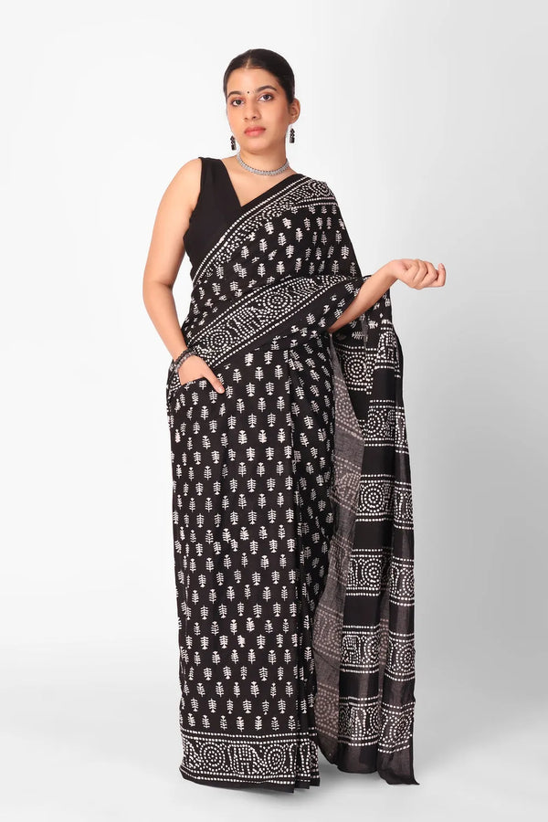 Online Shop of Black Mul Cotton Ready To Wear Saree – Printed Elegance