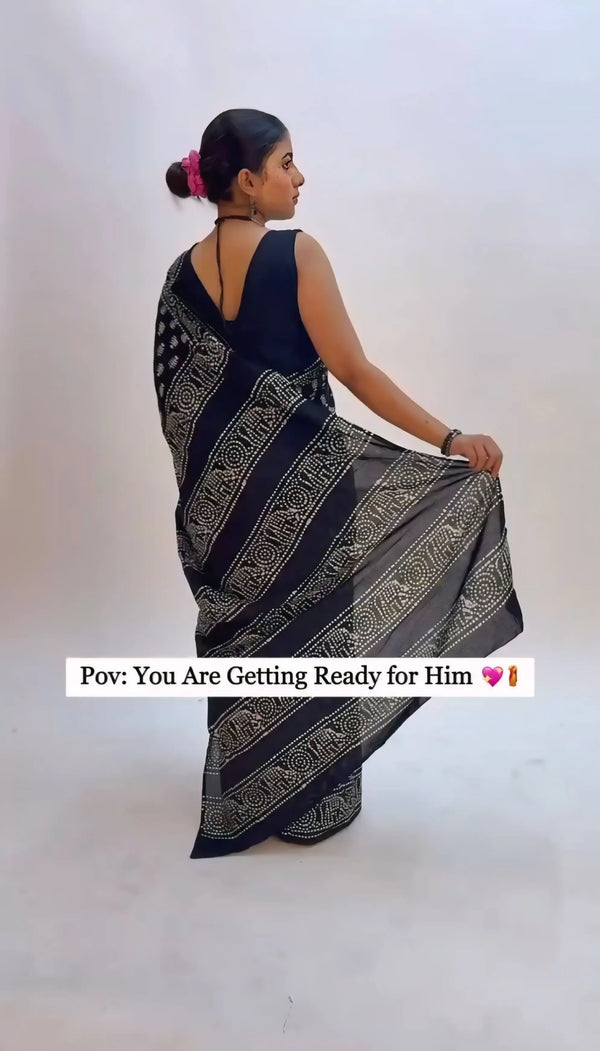 Online Shop of Black Mul Cotton Ready To Wear Saree – Printed Elegance