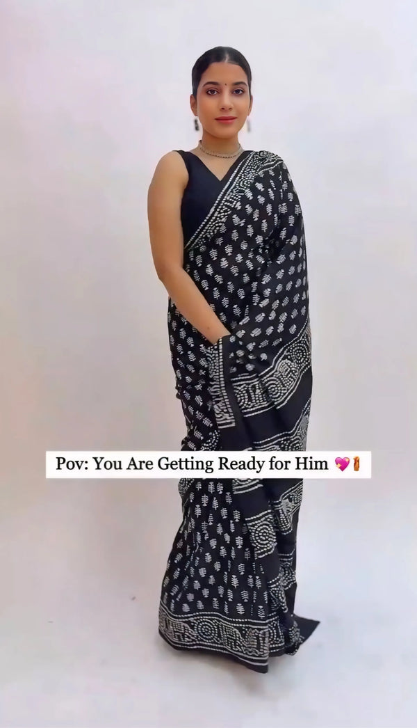 Online Shop of Black Mul Cotton Ready To Wear Saree – Printed Elegance