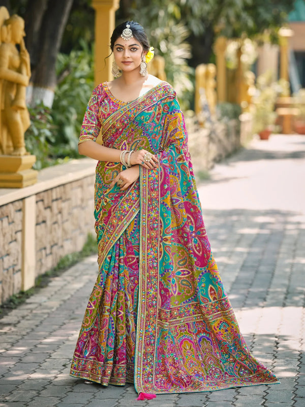 Printed saree for haldi festival multicolor ethnic drape