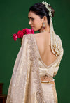 Champagne Gold Premium Tissue Designer Saree highlighting the back stitched blouse for wedding & festive wear | BharatPlaza