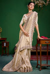 Champagne Gold Premium Tissue Designer Saree showcasing stunning beadwork border for wedding & festive wear | BharatPlaza