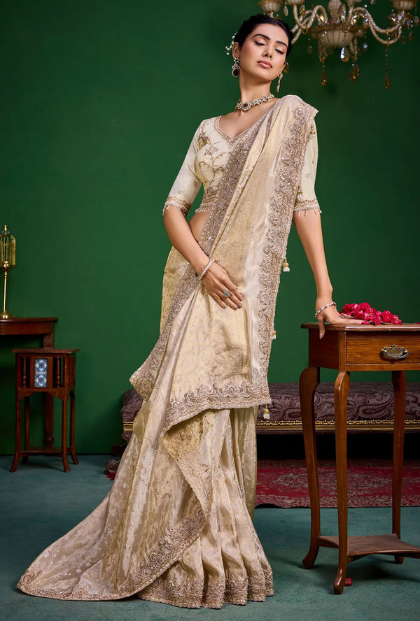 Champagne Gold Premium Tissue Designer Saree showcasing stunning beadwork border for wedding & festive wear | BharatPlaza