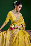 Mustard Yellow Premium Tissue Designer Saree highlighting an exquisite stitched readymade blouse for weddings | BharatPlaza