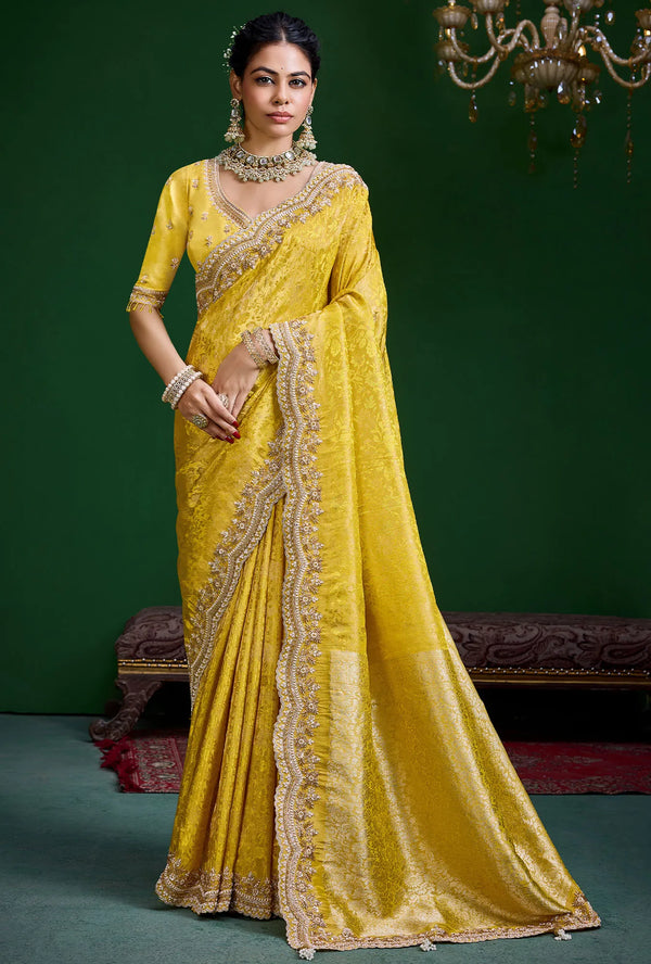 Mustard Yellow Premium Tissue Designer Saree featuring delicate beadwork border for wedding & festive wear | BharatPlaza