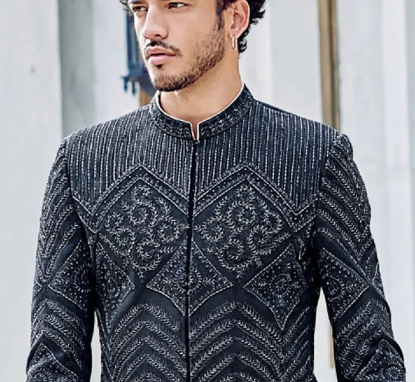 Heavy Cutdana Work Black Sherwani