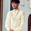 Wedding Lakhnavi sherwani in cream with dupatta and pearl mala