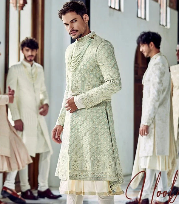 Mint Green Lakhnavi Sherwani with beads embroidery front view