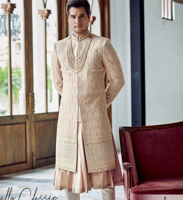 Peach Lakhnavi Sherwani with beads embroidery work front view