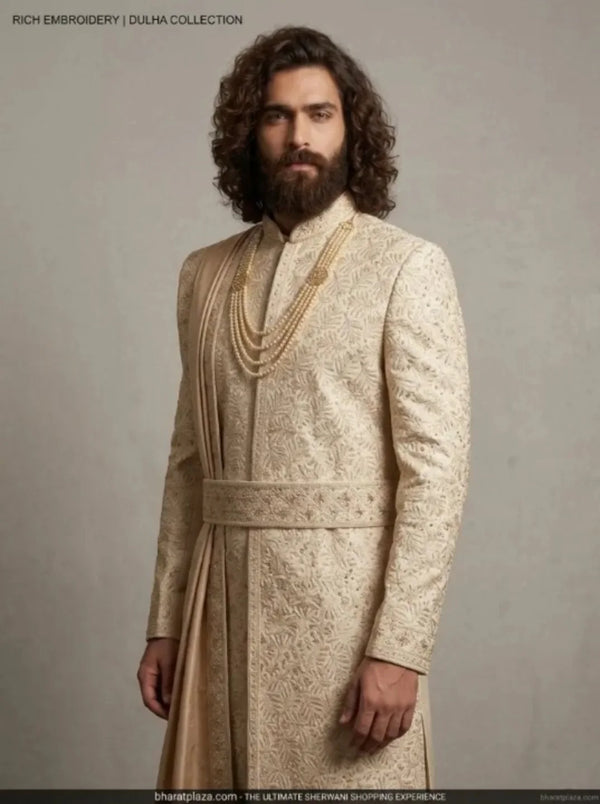 beige silk sherwani for indian groom with zari resham embroidery in Sydney bharatplaza