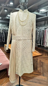 luxury beige sherwani with back-shoulder embroidery wedding outfit California bharatplaza