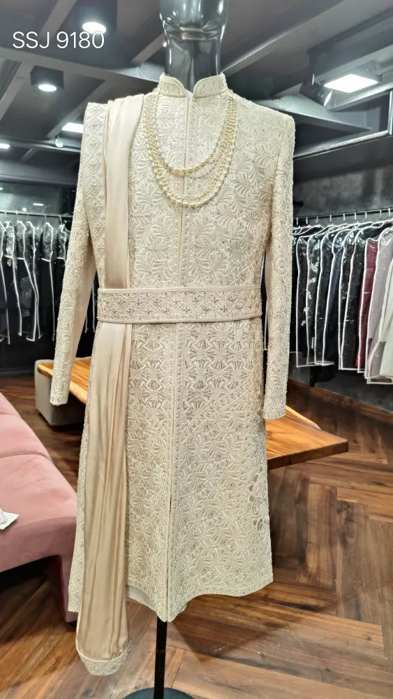 luxury beige sherwani with back-shoulder embroidery wedding outfit California bharatplaza