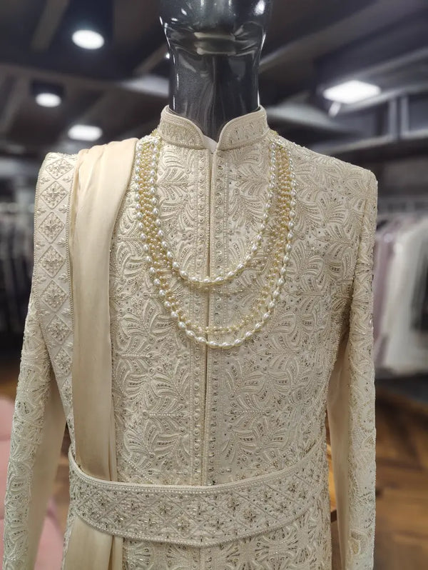 premium designer beige sherwani for men royal ethnic wear in Chicago at BharatPlaza