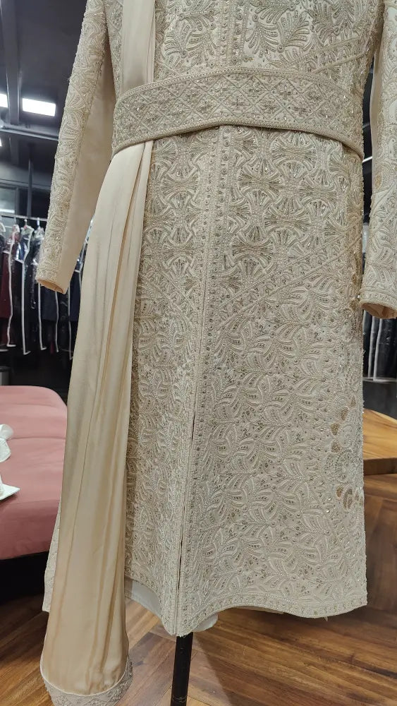 beige silk sherwani for indian groom in London, UK, luxury wedding wear, BharatPlaza