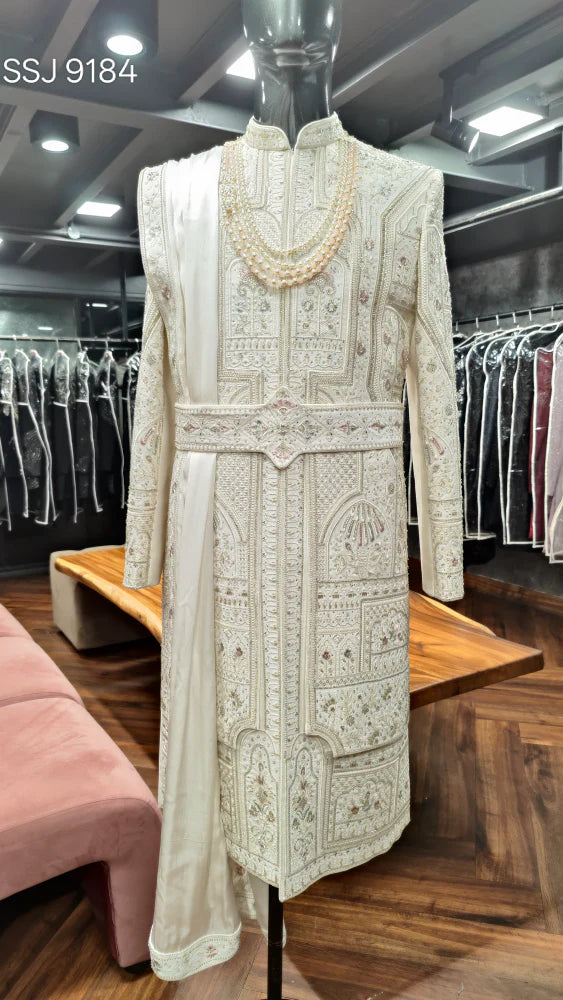 Live real premium designer cream sherwani for men royal wedding ethnic wear in London
