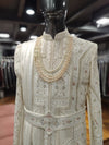 cream handwork sherwani with beads and zari work luxury groomswear New Jersey 
