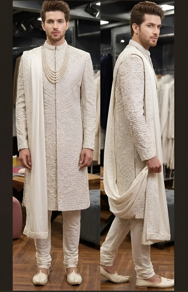 Off-White Silk Sherwani with Real Resham & Beads Handwork