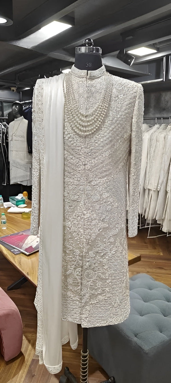 Off-White Silk Sherwani with Real Resham & Beads Handwork