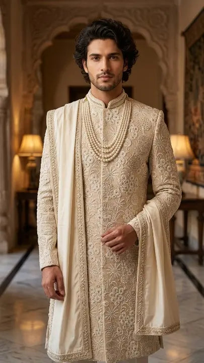 Beige Hand-Embroidered Silk Sherwani for wedding & festive wear | BharatPlaza