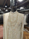 Close-up of Self Resham and Moti work on Beige Sherwani | BharatPlaza