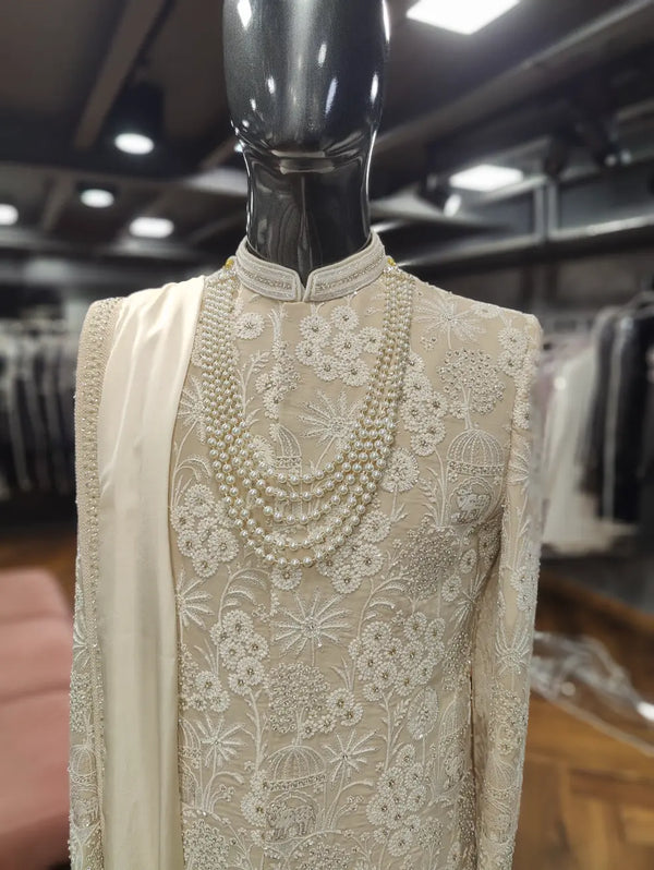 Close-up of Self Resham and Moti work on Beige Sherwani | BharatPlaza