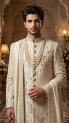 Handcrafted Traditional Ivory Silk Wedding Sherwani - Royal Groom Collection