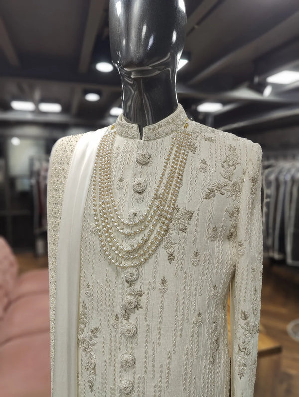 Handcrafted Traditional Ivory Silk Wedding Sherwani - Royal Groom Collection