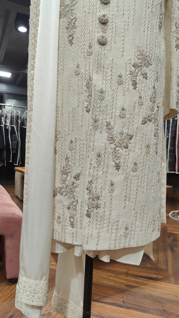 Handcrafted Traditional Ivory Silk Wedding Sherwani - Royal Groom Collection