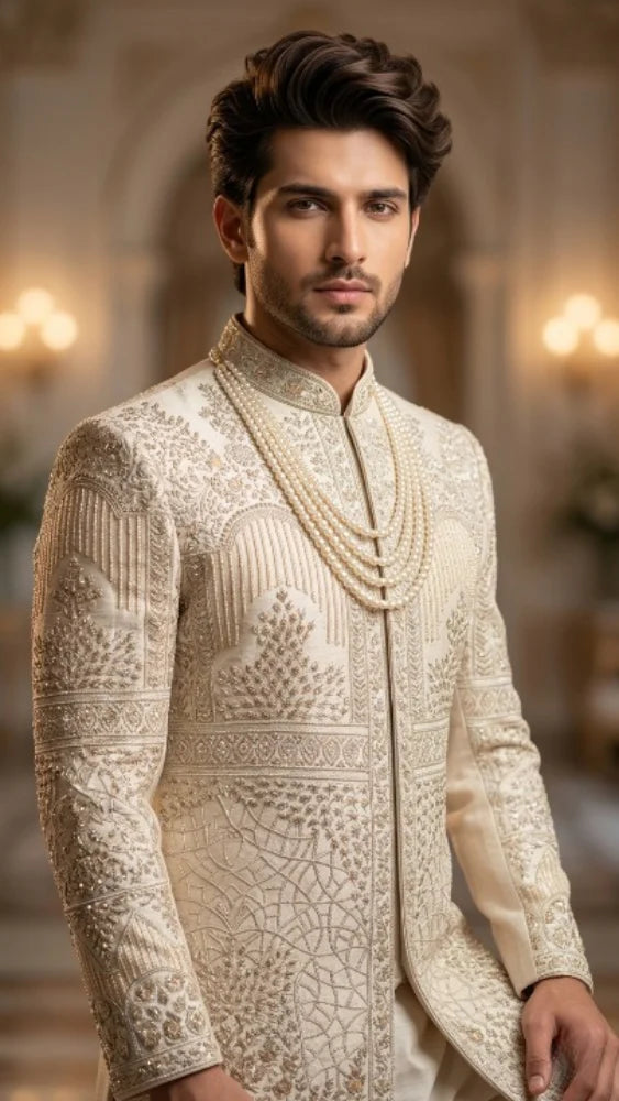 Ivory Silk Luxury Wedding Sherwani with heavy Resham & Zari handwork | BharatPlaza