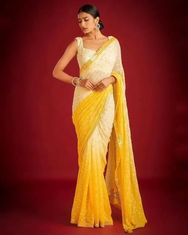 Yellow–white ombre shaded saree with sequin border