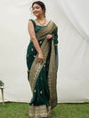 Elegant emerald green saree with golden embroidery & raw silk blouse