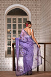 Lavender organza saree with digital print & hand embroidery