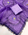 Stylish lavender organza saree with floral handwork