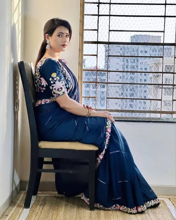 Premium Chiffon Saree with Embroidery & Designer Blouse | BharatPlaza