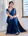 Premium chiffon Navy Blue saree side pose with embroidery blouse