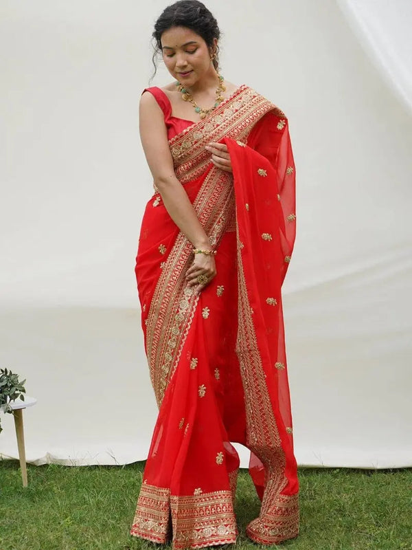 Red saree embroidery and butta work with raw silk blouse