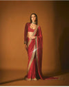 Red Bollywood saree fabric with sequins and thread embroidery work
