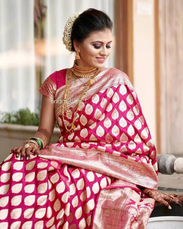Rani Pink Soft Lichi Silk Saree with Rich Golden Zari Jacquard Weaving