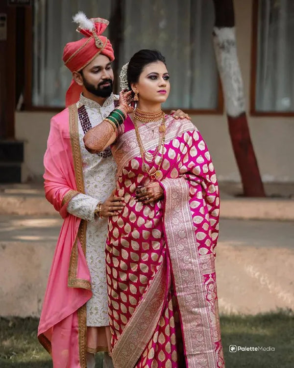 Rani Pink Soft Lichi Silk Saree with Rich Golden Zari Jacquard Weaving