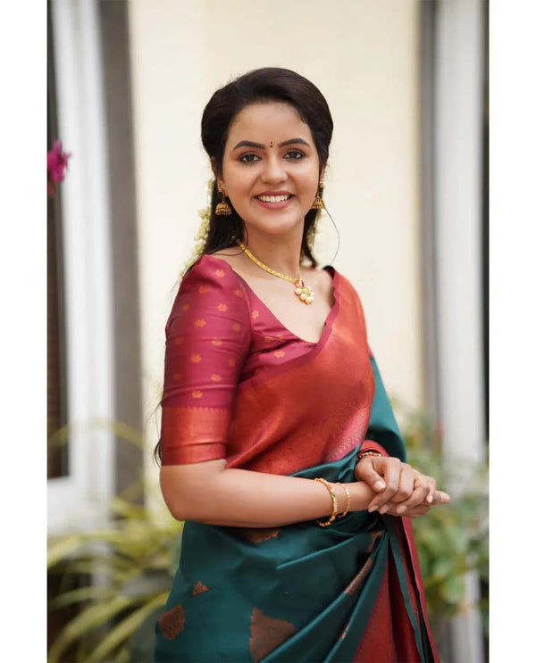 Teal Green & Maroon Soft Lichi Silk Saree with Copper Zari Jacquard Weaving