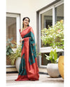 Teal Green & Maroon Soft Lichi Silk Saree with Copper Zari Jacquard Weaving