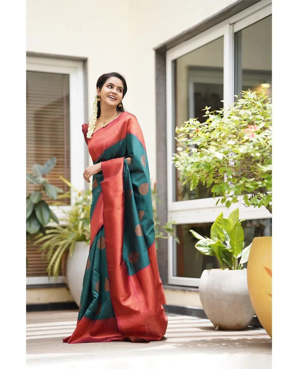 Teal Green & Maroon Soft Lichi Silk Saree with Copper Zari Jacquard Weaving