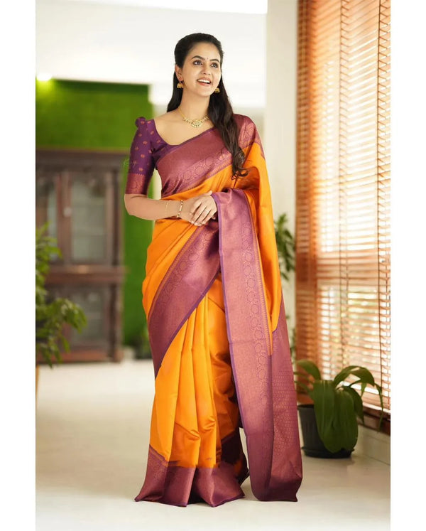 Mustard Yellow & Purple Soft Lichi Silk Saree with Copper Zari Jacquard Weaving