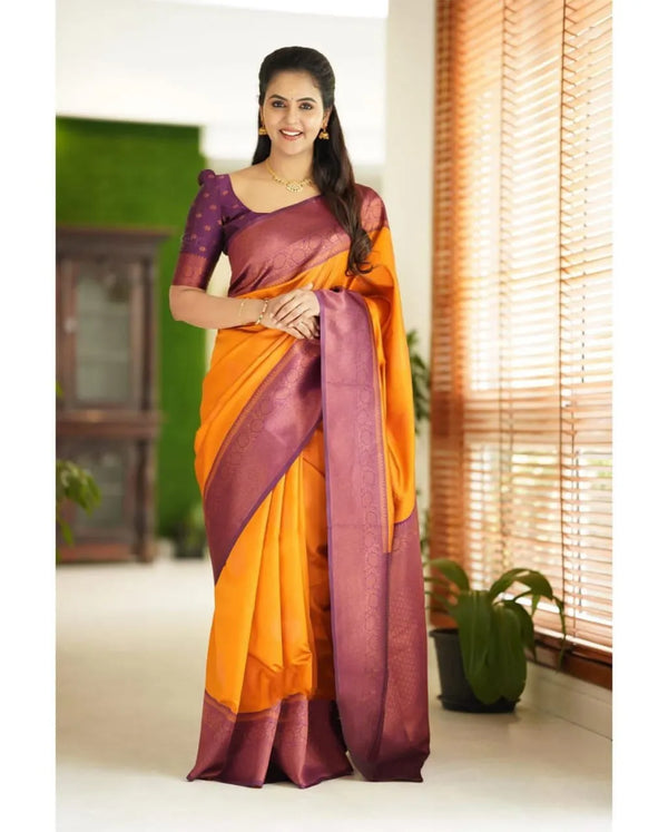 Mustard Yellow & Purple Soft Lichi Silk Saree with Copper Zari Jacquard Weaving