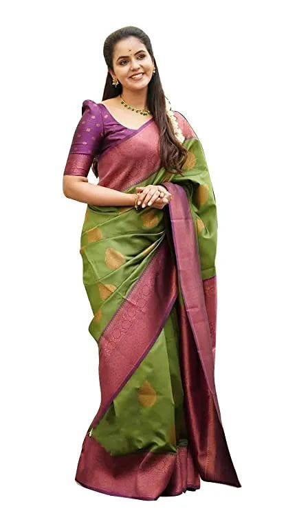 Bottle Green & Maroon Soft Lichi Silk Saree with Copper Zari Jacquard Weaving
