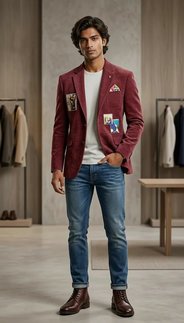 stylish wine blazer for young men casual party outfit modern fashion bharatplaza