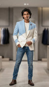 Cream Blue Suede Blazer For Boys– Trendy Party Wear